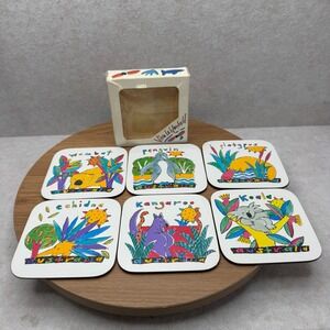 Viva La Wombat Coasters Set of 6 Multicolor Australia Animal Cork Back Good 90s